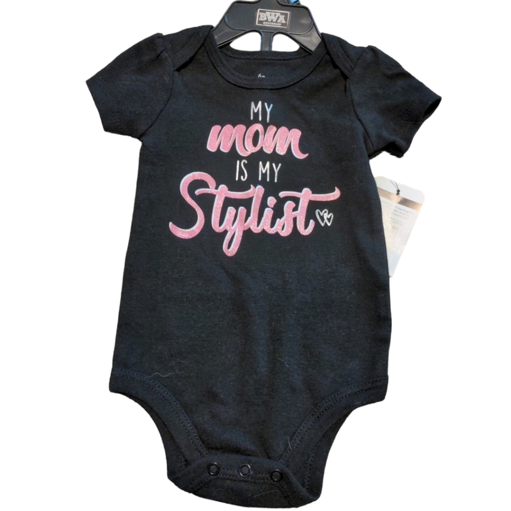 BABY STARTERS My Mom is My Stylist Black Bodysuit Pink Glitter Baby 3-6 months